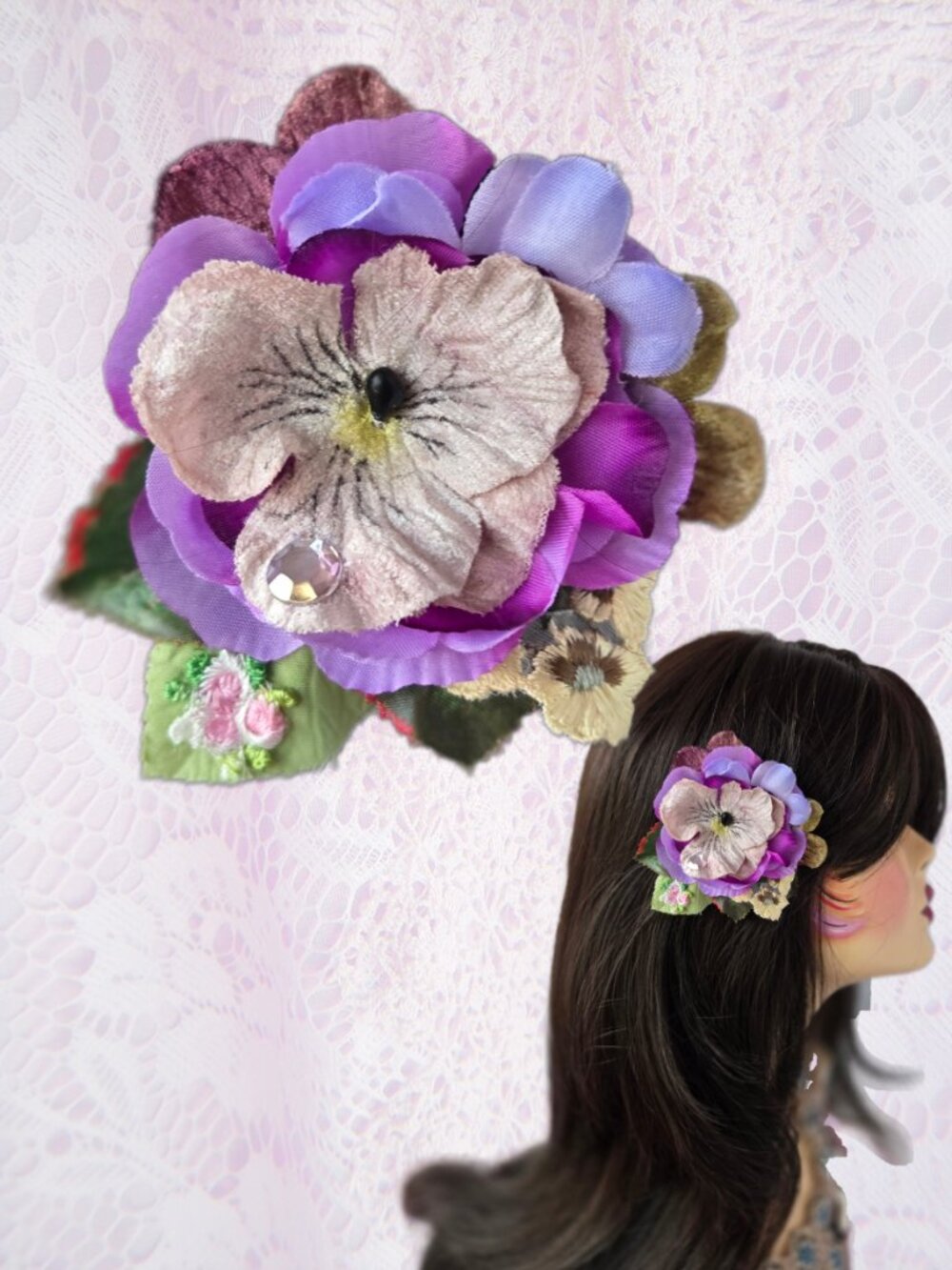 Handmade Pansy Hair Clip Millinery Velvet Lavender Cottagecore Wedding Formal